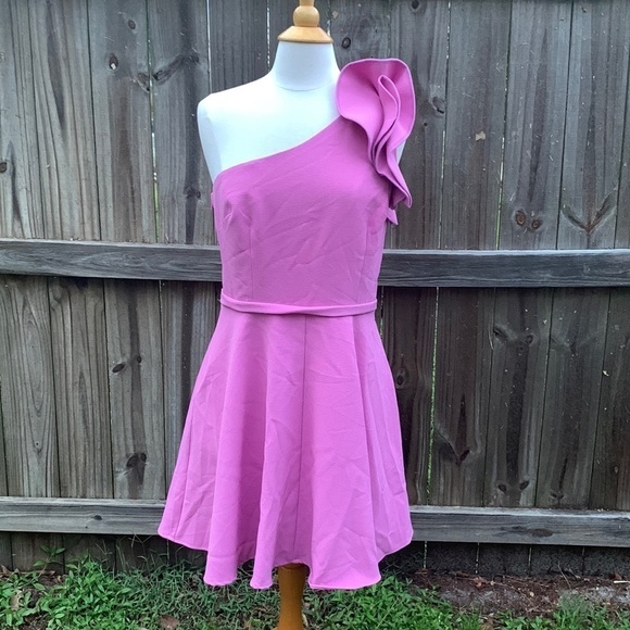 Eliza J. RUFFLE ONE-SHOULDER FIT & FLARE DRESS IN ORCHID ISLE, size 12 - Picture 2 of 6